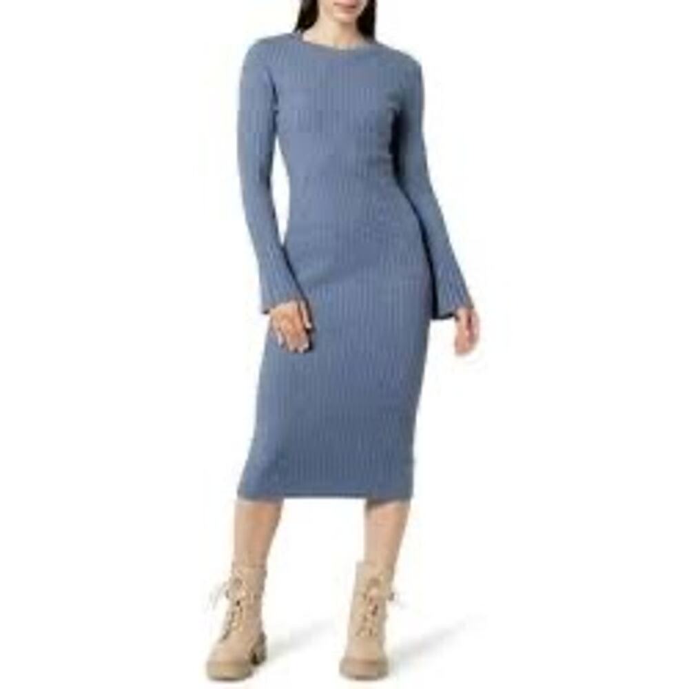 The Drop Fernanda Dusty Blue Bell Sleeve Ribbed Sweater Dress - M